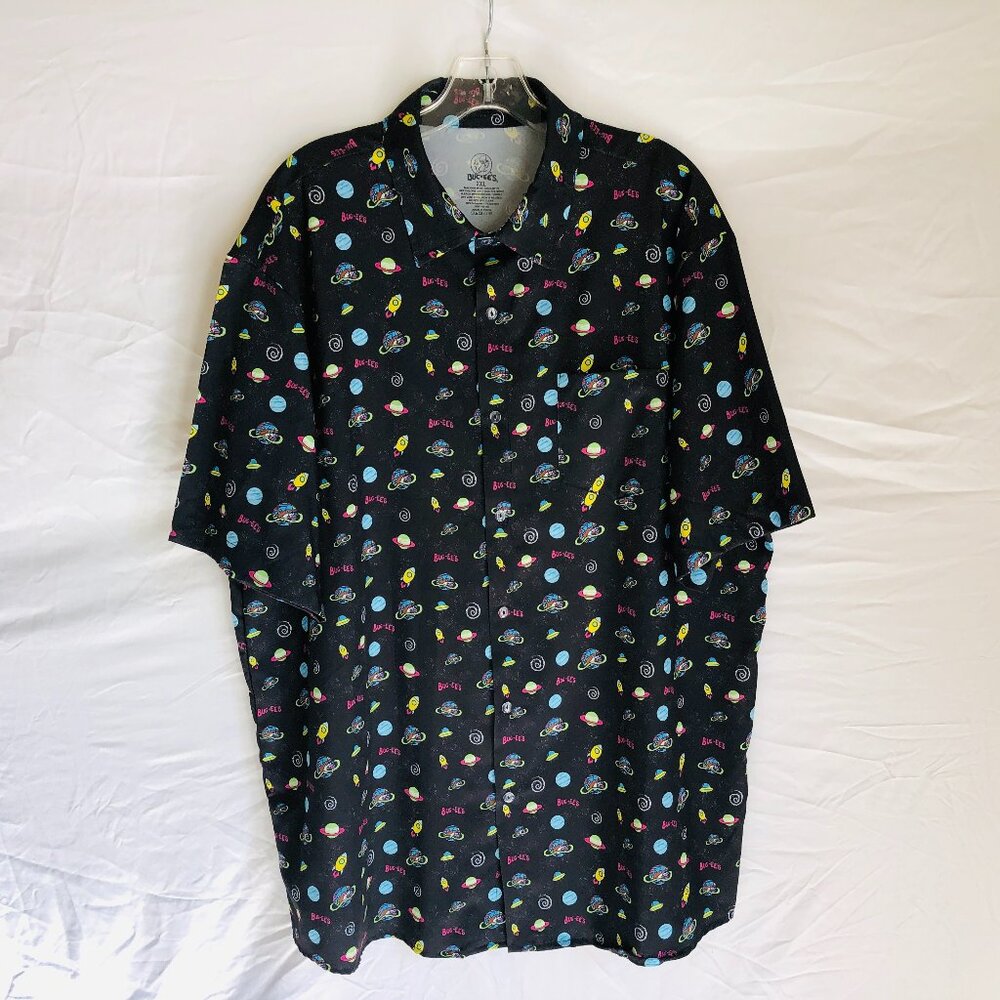 Bucees Men's 2XL Black Space Rockets Planets Short Sleeve Hawaiian Shirt